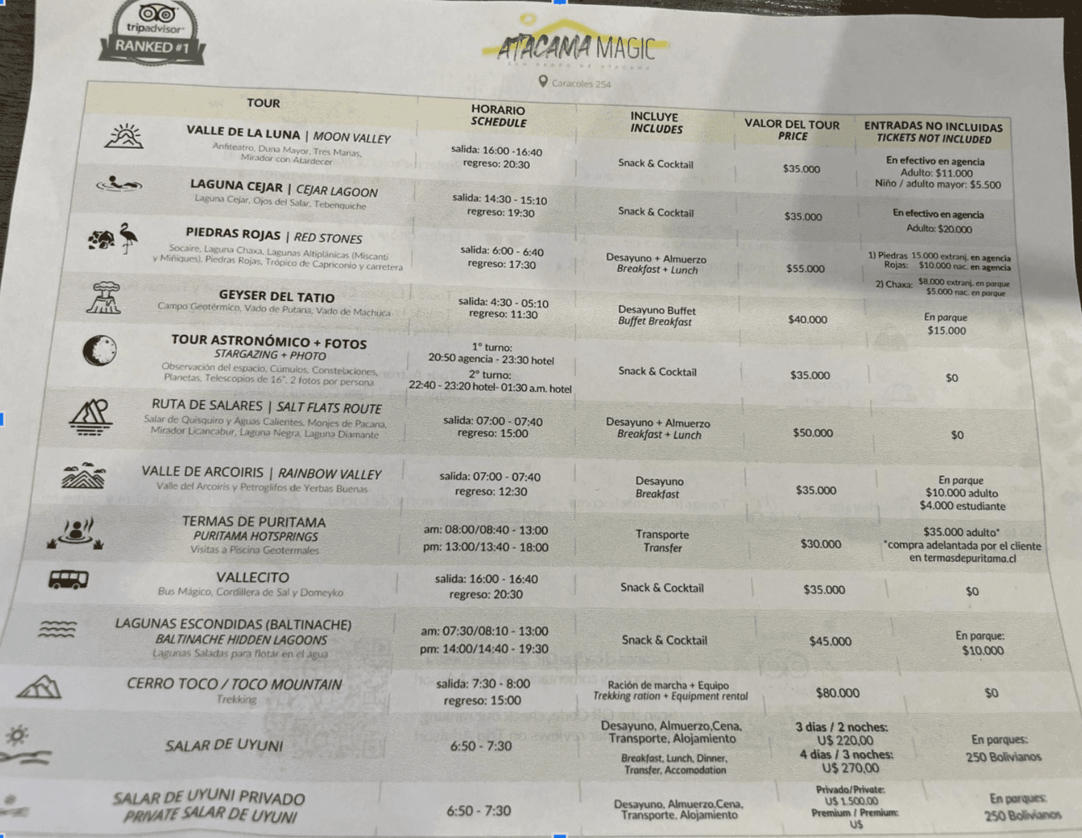 Tour price list Atacama Desert in 2024