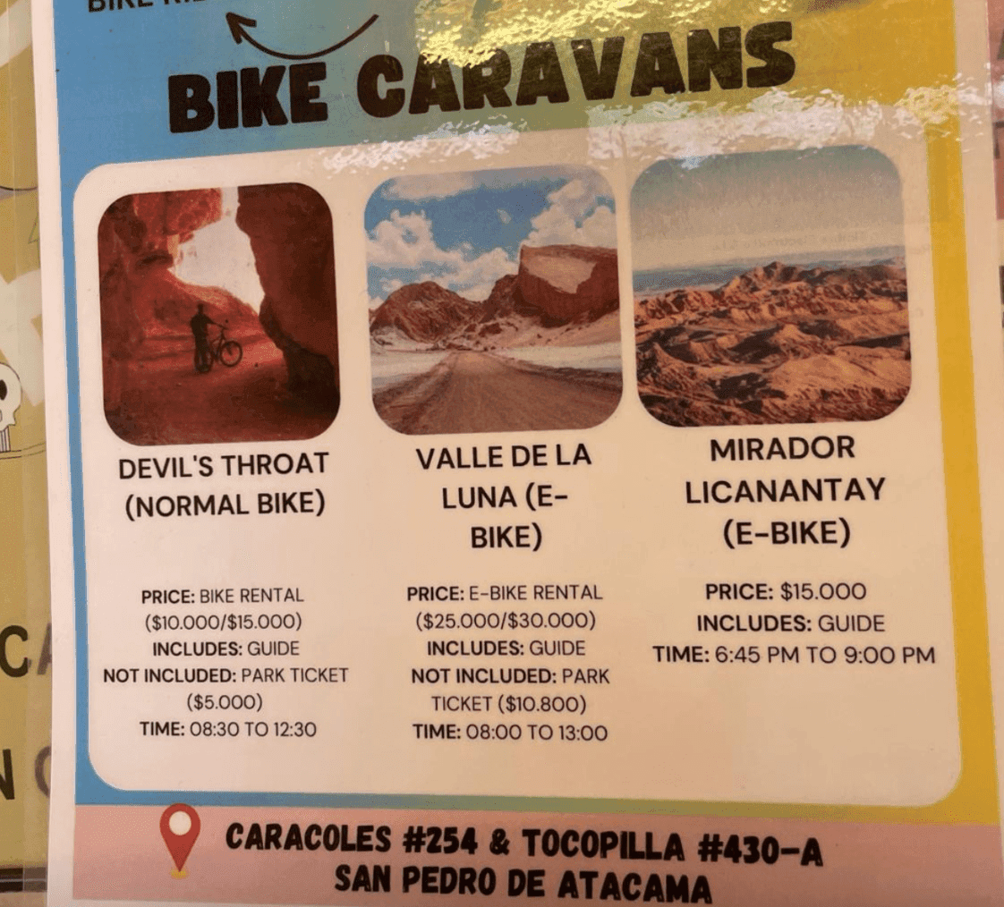 Bike Tour price list Atacama Desert in 2024